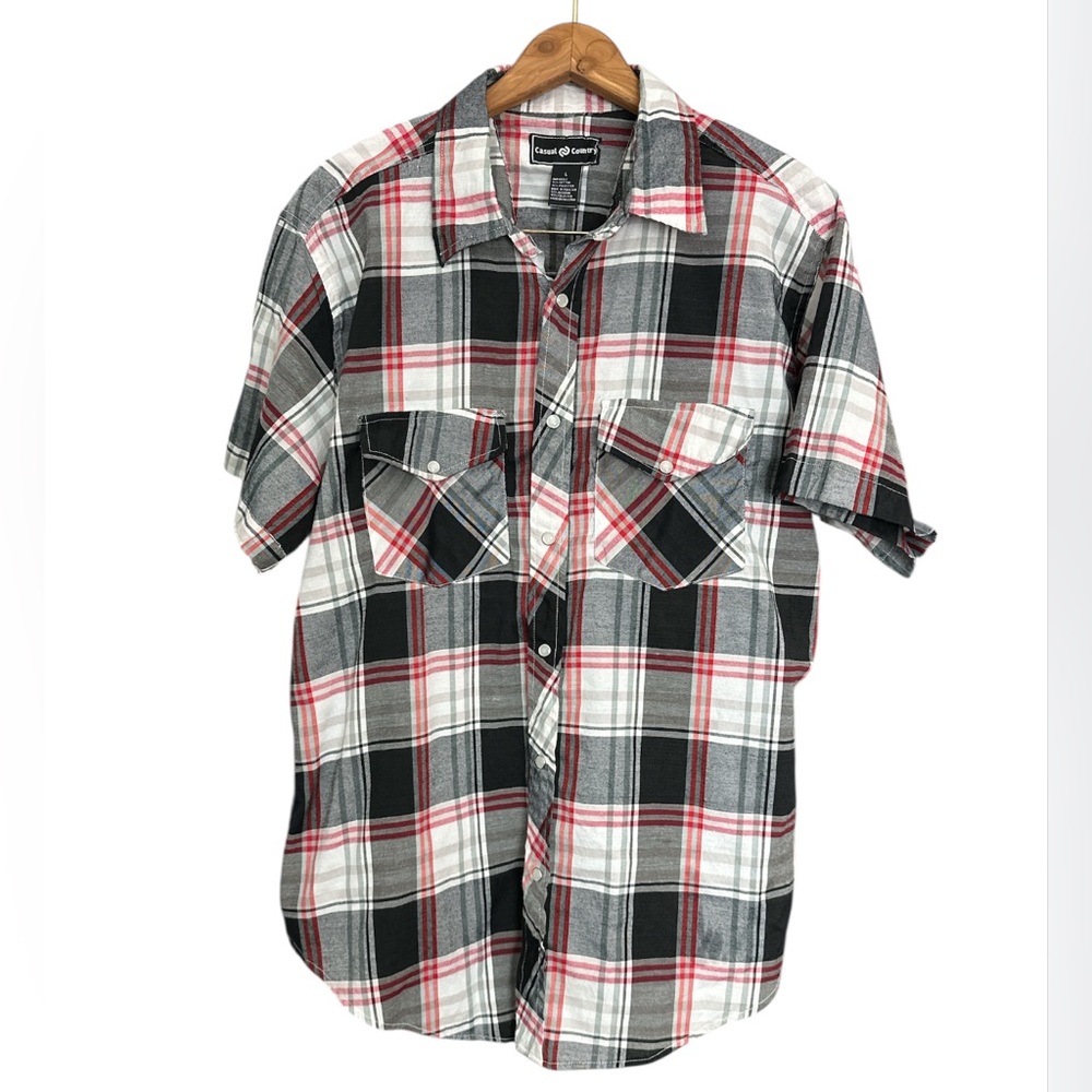 Casual Country Shirt Mens‎ L Black White Plaid Western Snap Short Sleeve Pockets